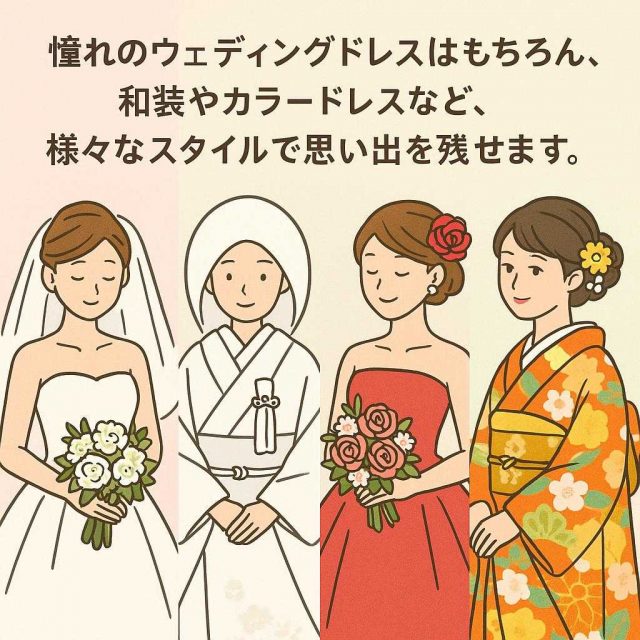 憧れのウェディングドレス👗はもちろん、和装👘やカラードレスなど、様々なスタイルで思い出を残せます。