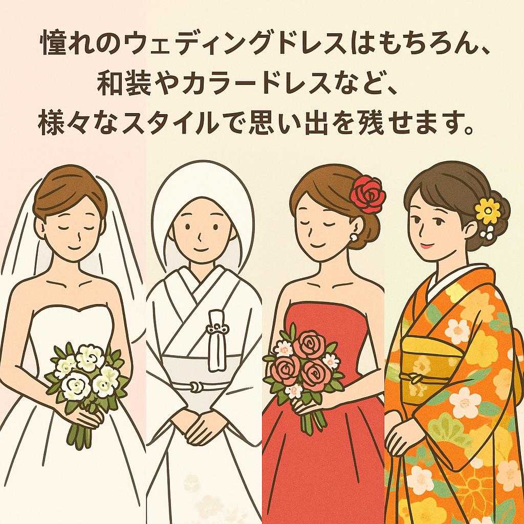憧れのウェディングドレス👗はもちろん、和装👘やカラードレスなど、様々なスタイルで思い出を残せます。