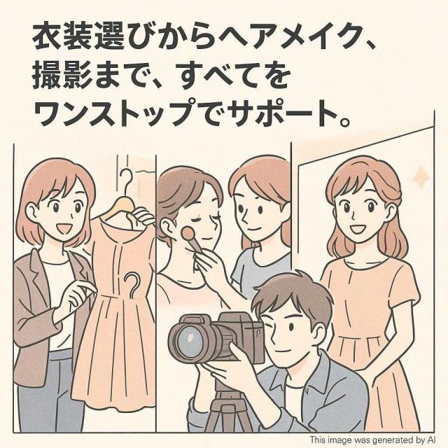 衣装選びからヘアメイク、撮影まで、すべてをワンストップでサポート。