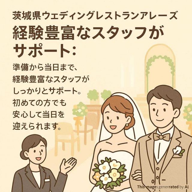 茨城県ウェディングレストランアレーズ 経験豊富なスタッフがサポート: 準備から当日まで、経験豊富なスタッフがしっかりとサポート。初めての方でも安心して当日を迎えられます。