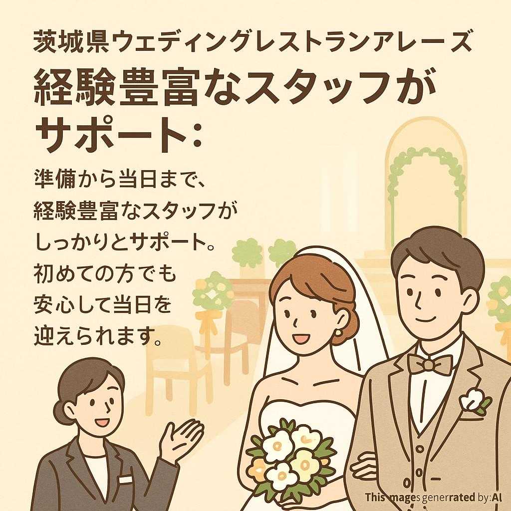 茨城県ウェディングレストランアレーズ 経験豊富なスタッフがサポート: 準備から当日まで、経験豊富なスタッフがしっかりとサポート。初めての方でも安心して当日を迎えられます。