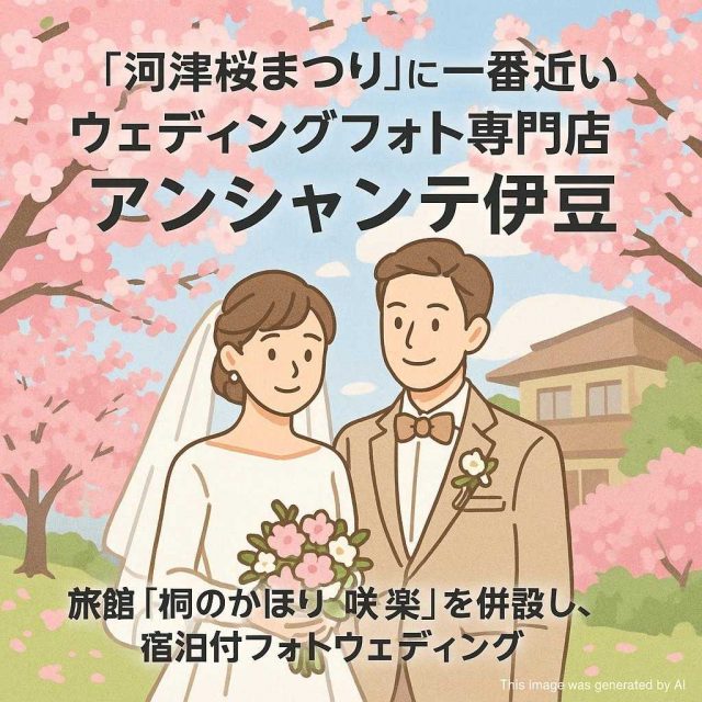 「河津桜まつり」に一番近い ウェディングフォト専門店 アンシャンテ伊豆 旅館「桐のかほり 咲楽」を併設し、宿泊付フォトウェディング