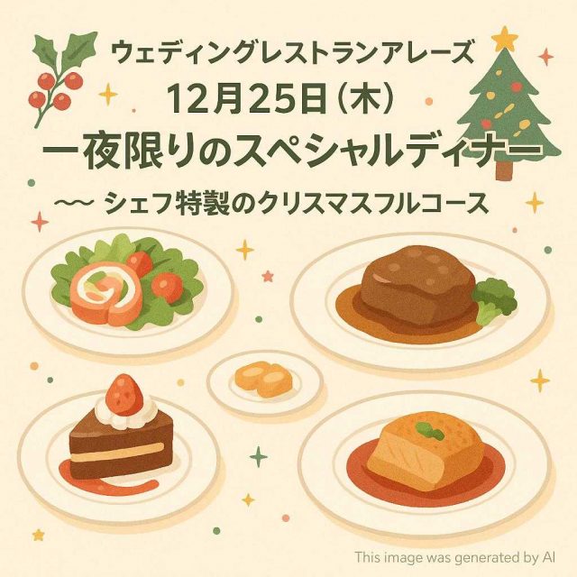 ウェディングレストランアレーズ 12月25日（木） 一夜限りのスペシャルディナー ～～～ シェフ特製のクリスマスフルコース