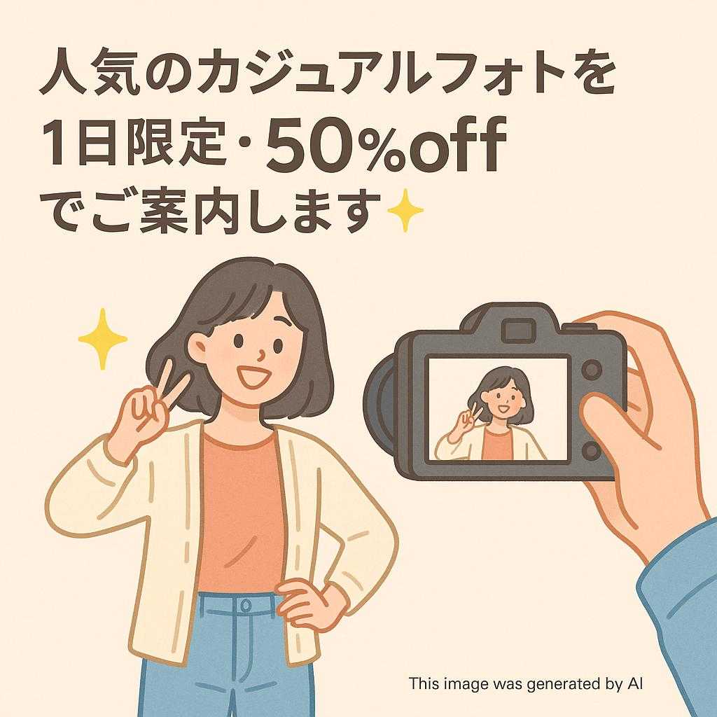 人気のカジュアルフォトを 1日限定・50％off でご案内します✨