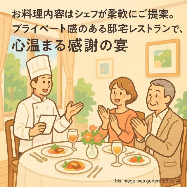お料理内容はシェフが柔軟にご提案。プライベート感のある邸宅レストランで、心温まる感謝の宴