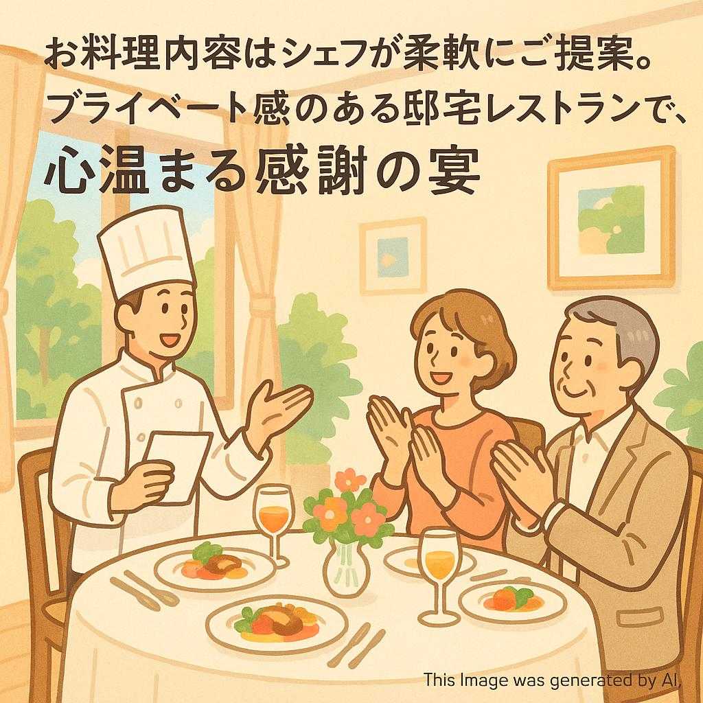 お料理内容はシェフが柔軟にご提案。プライベート感のある邸宅レストランで、心温まる感謝の宴