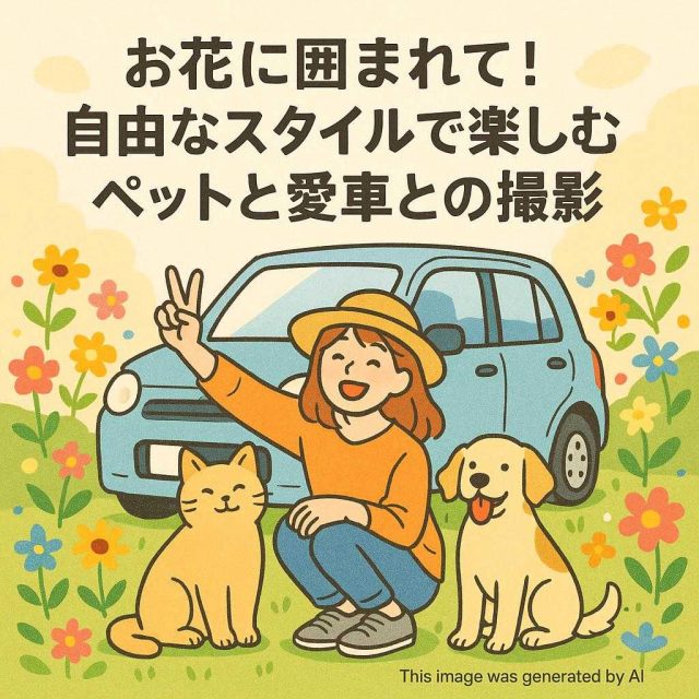 お花に囲まれて！自由なスタイルで楽しむペットと愛車との撮影