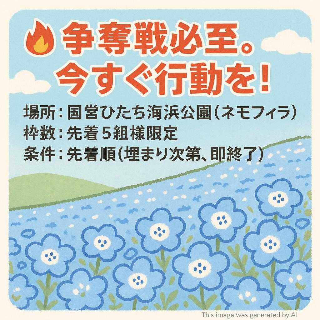 🔥 争奪戦必至。今すぐ行動を！  場所： 国営ひたち海浜公園（ネモフィラ）  枠数： 先着5組様限定  条件： 先着順（埋まり次第、即終了）