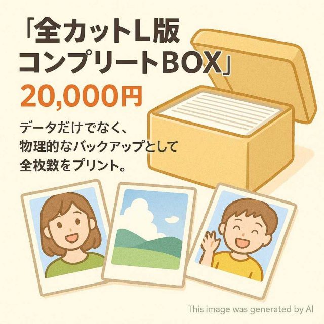 「全カットL版コンプリートBOX」：20,000円  データだけでなく、物理的なバックアップとして全枚数をプリント。