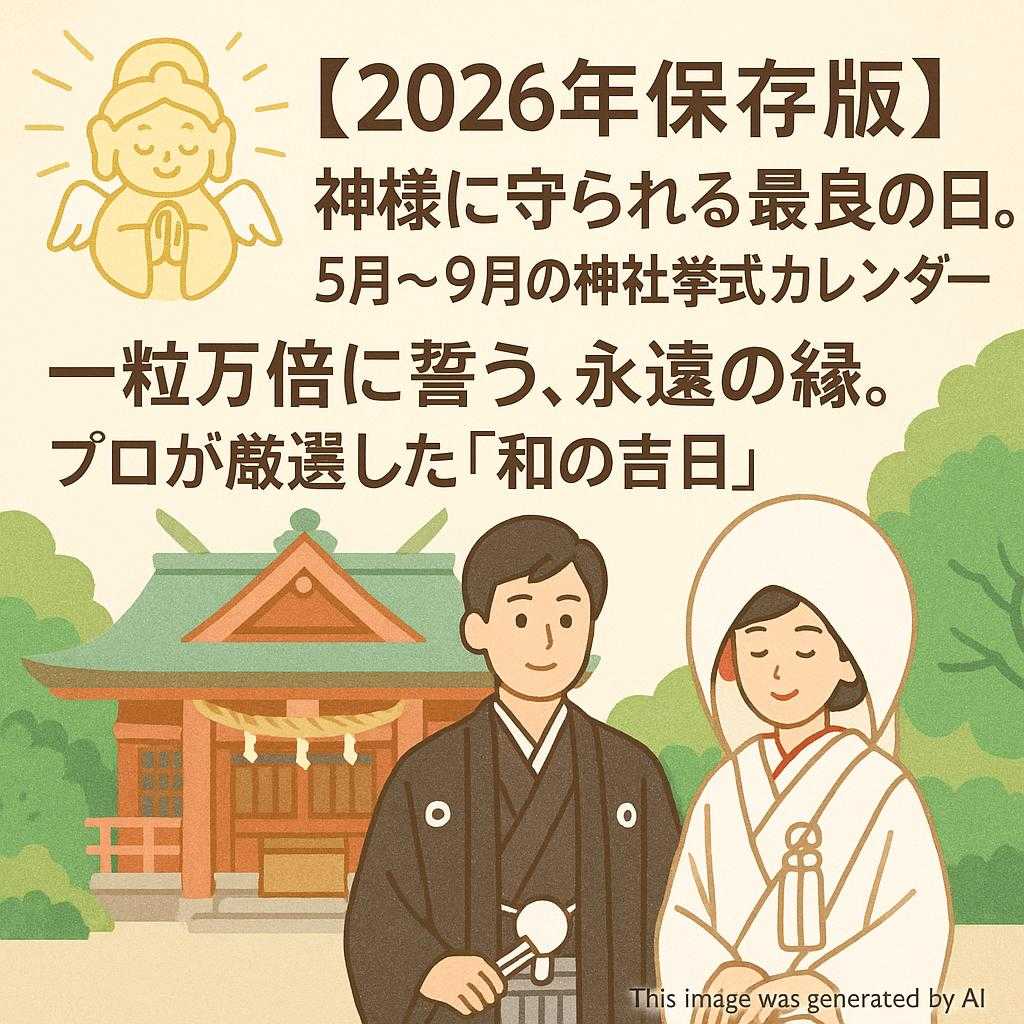 「【2026年保存版】神様に守られる最良の日。5月〜9月の神社挙式カレンダー」  「一粒万倍日に誓う、永遠の縁。プロが厳選した『和の吉日』」