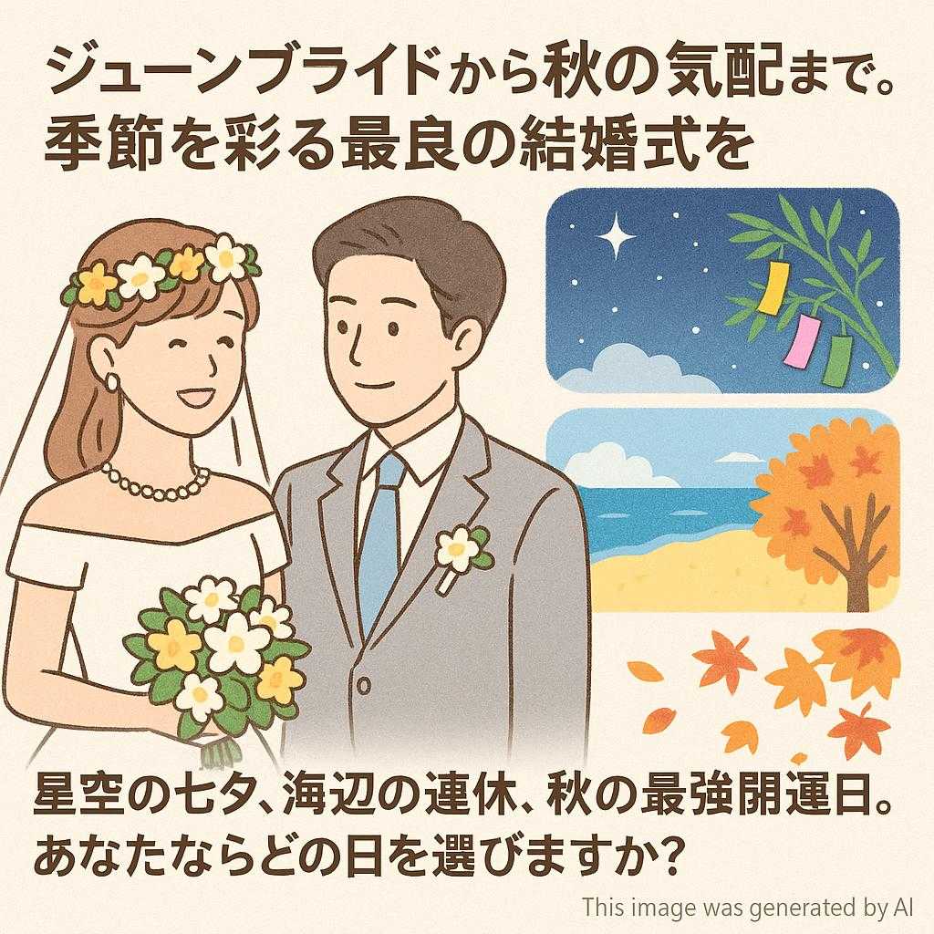 「ジューンブライドから秋の気配まで。季節を彩る最良の結婚式を」  「星空の七夕、海辺の連休、秋の最強開運日。あなたならどの日を選びますか？」