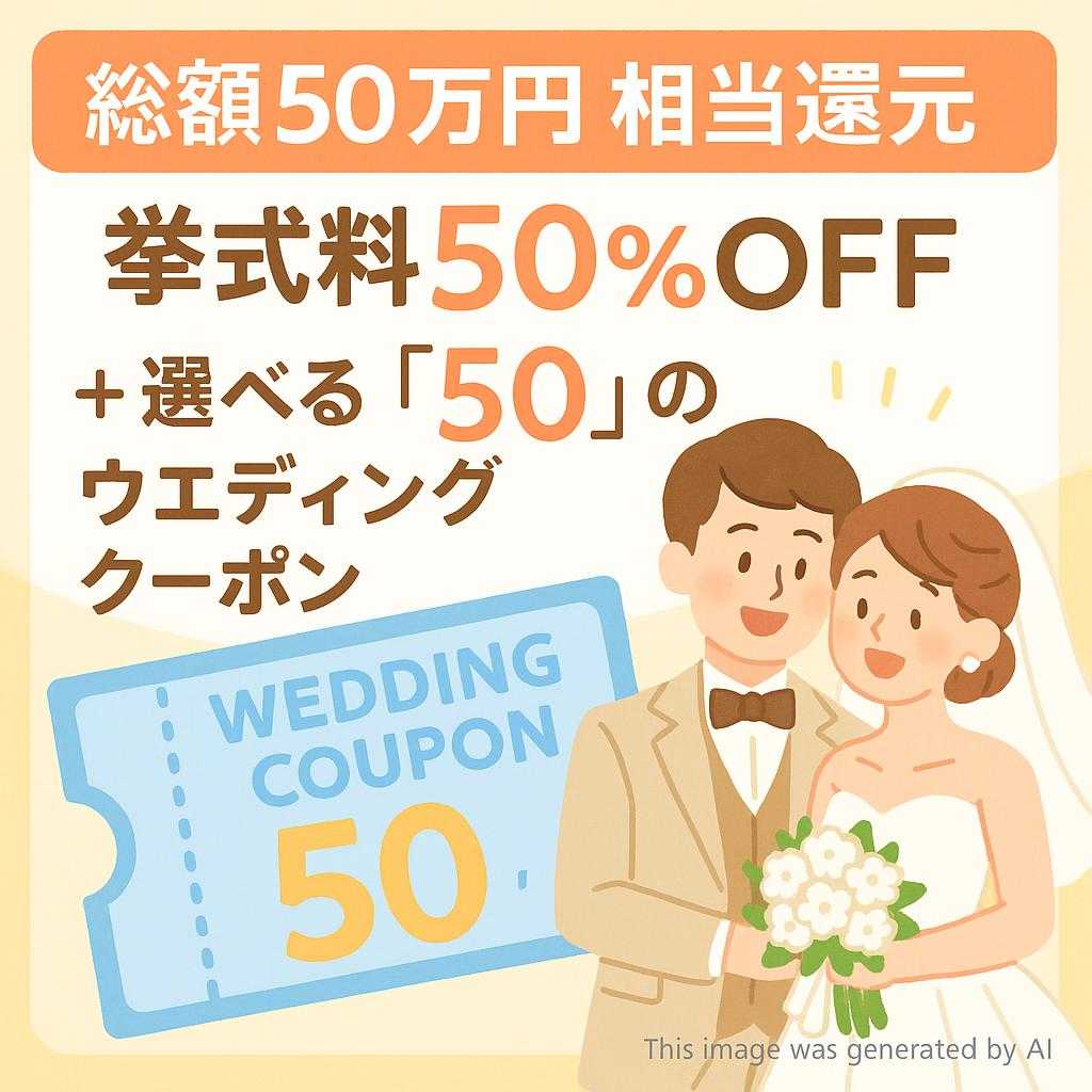 【総額50万円相当還元】挙式料50%OFF ＋ 選べる「50」のウエディングクーポン