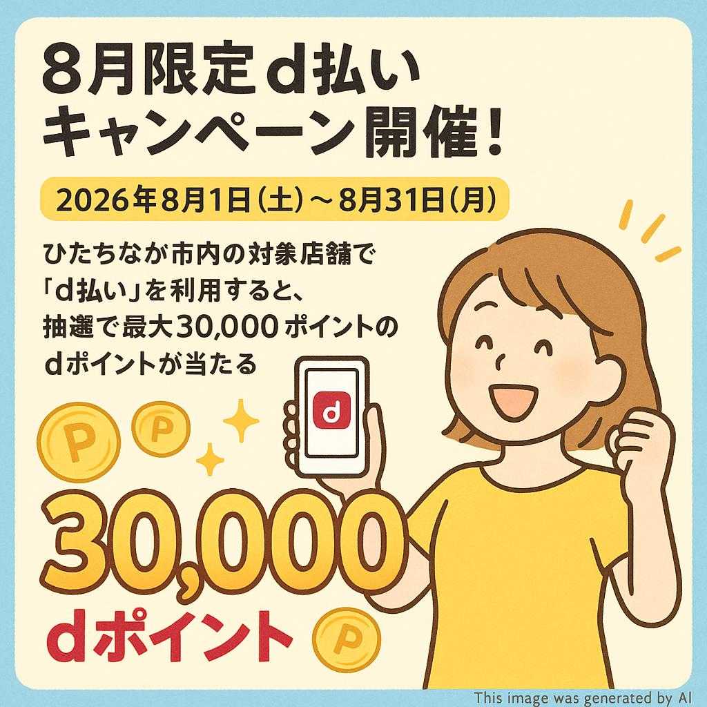 【8月限定】d払いキャンペーン開催！  2026年8月1日（土）～8月31日（月）の期間中、ひたちなか市内の対象店舗で「d払い」を利用すると、抽選で最大30,000ポイントのdポイントが当たるキャンペーンが開催
